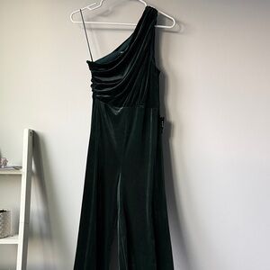 Express One-Shoulder Dark Green Velvet Jumpsuit